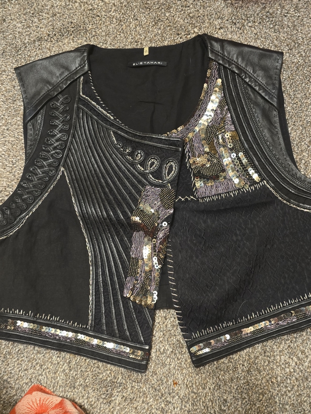Elie Tahari Black Embellished Leather-Trim Vest